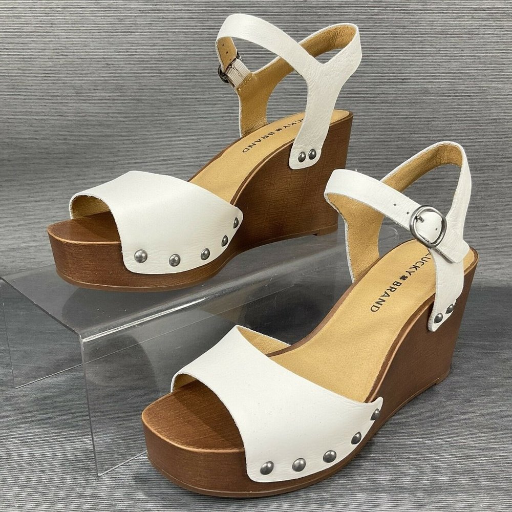 Lucky Brand Shoes Womens Sz 6 Zashti White Angora Vegan Leather Wedge Sandal New - Picture 3 of 10